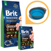 Суха храна за кучета BRIT PREMIUM ADULT XL BY NATURE [ НОВА, ПОДОБРЕНА ФОРМУЛА ] с 48% прясно пилешко месо 15кг + подарък сгъваема купа